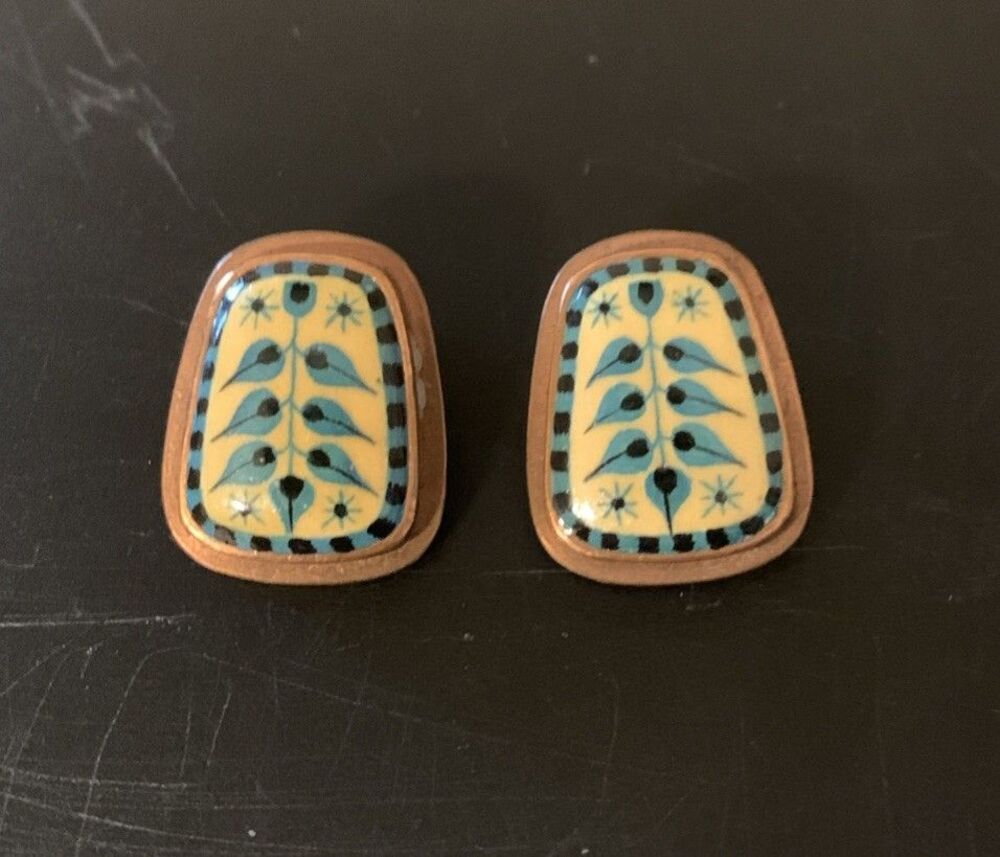 Vintage Copper Enamel Earrings Abstract Shield Clip On Boho Viking